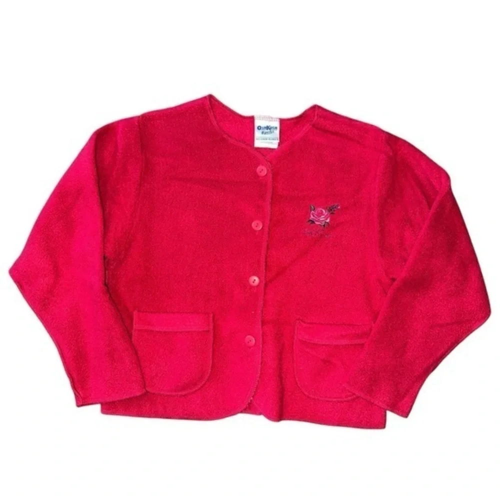 Oshkosh B’Gosh Vintage Girls Size 6 Red Fleece Rose Embroidered Button Up Jacket